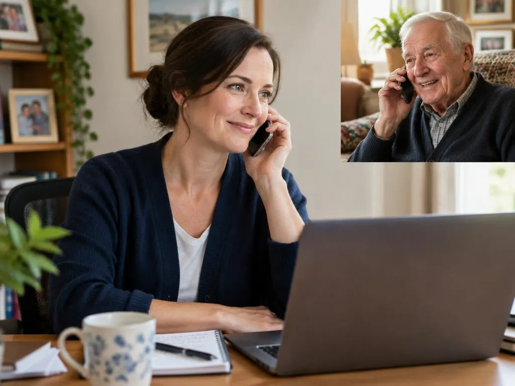 Salariée au téléphone avec son père âgé